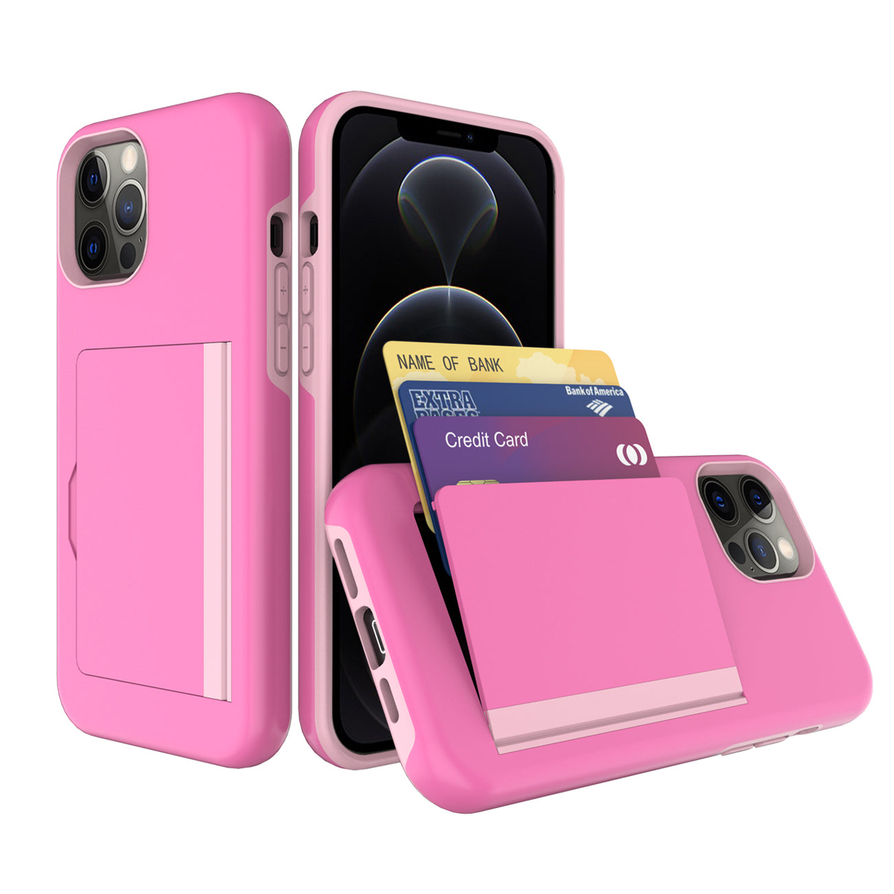 TPU PC Hybrid 2-in-1 Flip Card Holder Phone Case for Apple iPhone 12 Pro Max In Pink